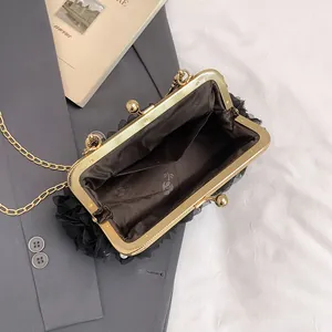 Vintage black floral lace clutch bag with gold chain and rose print lining