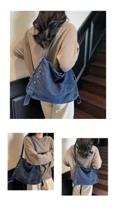 Dettaglio della borsa tote in denim vintage con fibbie in metallo e multi-tasche