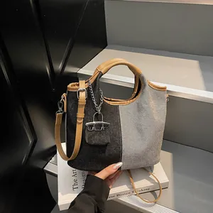 Women Denim Patchwork Bucket Bag Fashion Casual Crossbody Shoulder Bag With Mini Charm Handbag