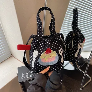 Sac Seau à Pois en Velours Côtelé pour Femme Style Japonais Broderie Sac Bandoulière à Cordon de Serrage Doux Dessert Animal de Dessin Animé
