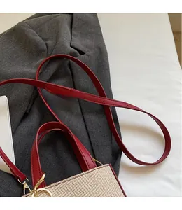 Detail of red leather shoulder strap and gold hardware on beige woven crossbody handbag