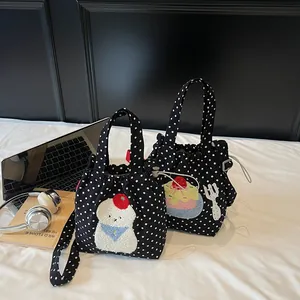 Sacs à bandoulière minimalistes en toile noire à pois avec broderies d'animaux