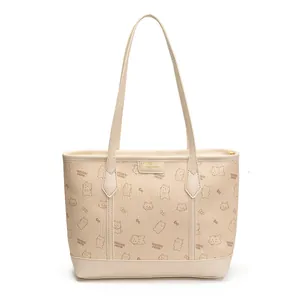 Grand sac cabas beige avec motifs de chats mignons et doubles anses pour l'été 2025