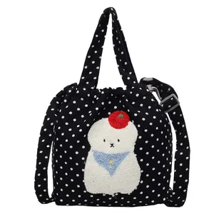 Sac bandoulière à pois avec broderie chien de dessin animé et fermeture à cordon pratique