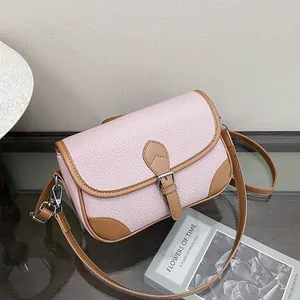 Women Vintage Litchi Grain PU Leather Crossbody Bag Contrast Stitching Flap Square Shoulder Bag Adjustable Strap Handbag