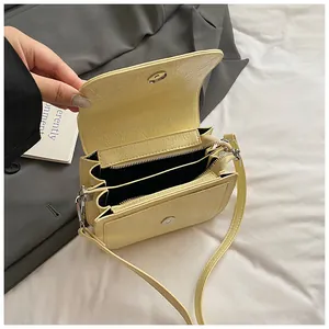 Chic light yellow PU leather crossbody square bag with vintage crinkle texture and flap