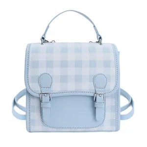 Blue and white checkered mini backpack with decorative buckles and top handle