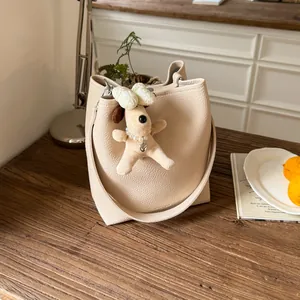 Women Pebbled PU Leather Bucket Bag Fashion Large Capacity Shoulder Crossbody Bag With Puppy Plush Charm Inner Pouch Handbag