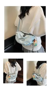 Detail of light blue crossbody nylon bag with doll charm and woven zipper pull
