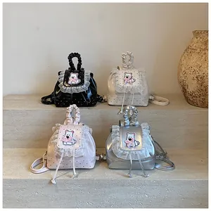 Mini backpack set in black, pink, white, and silver with lace and dog embroidery