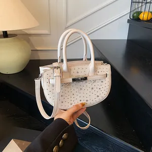Women Fashion Rhinestone PU Leather Woven Saddle Bag Luxury Metal Lock Handbag Elegant Shoulder Crossbody Bag For Daily Party