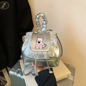 Women Mini Fashion Backpack Sweet Girl Polka Dot Lace Puppy Patch Embroidery PU Leather Small Travel Bag With Scrunchie Handle
