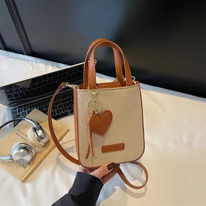 Women Mini Canvas Leather Patchwork Tote Bag With Heart Charm Fashion Casual Crossbody Bag Small Handbag Top Handle Bag