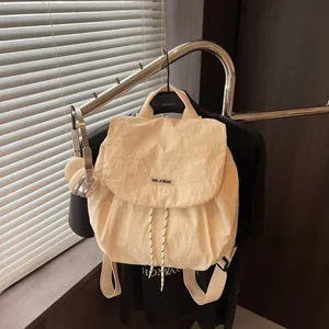Women's Casual Drawstring Backpack Large Capacity Nylon School Bag Fashion Color Block Travel Daypack With Functional Pockets