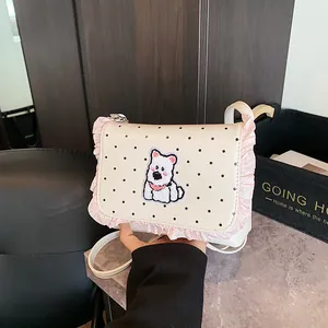 Cute Polka Dot Crossbody Bag For Women Girls Sweet Ruffle PU Leather Small Square Bag With Cartoon Dog Patch Shoulder Bag