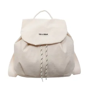 Minimalist cream white drawstring backpack with YOU JI BEAR patch for casual outdoor travel