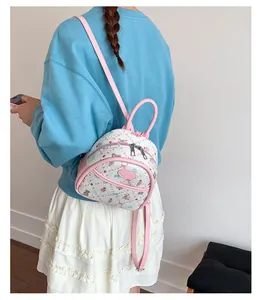 Detailed back view of a mini pink cartoon bear backpack with white printed PU leather