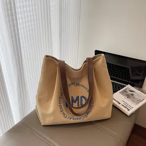 Women's Large Canvas Tote Bag Letter Embroidery Zipper Commuter Shoulder Bag Korean Casual Fashion Handbag Work Travel