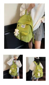Detailed views of light green nylon backpack with bear charm and adjustable straps