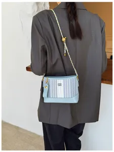 Détail du sac à bandoulière rayé bleu clair avec chaîne dorée et boule de réglage