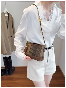 Détail d'un sac seau rayé marron avec chaîne en métal à boule dorée et cuir
