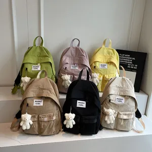 Minimalist summer nylon backpack set in six colors with teddy bear keychain pendant
