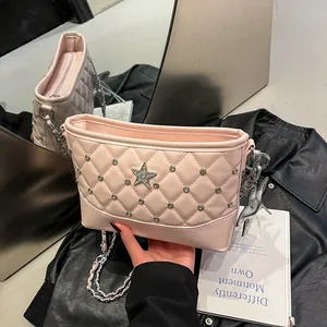 Women Fashion Quilted Diamond Pattern Underarm Bag With Rhinestone Star Decor PU Leather Chain Strap Shoulder Bag