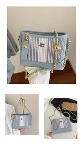 Détail du sac cabas à rayures bleu clair avec chaîne dorée et breloque en forme de chien