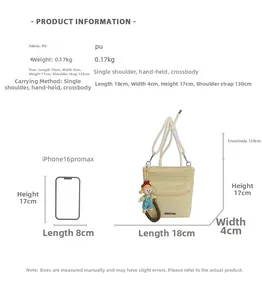 Size comparison and specifications of the yellow PU crossbody bag with dimensions