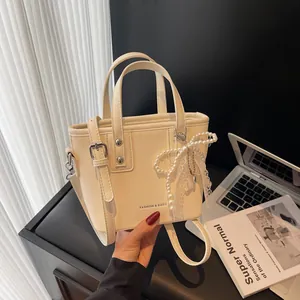 Fashion PU Leather Bucket Bag For Women With Artificial Pearl Lace Bow Pendant Elegant Vertical Texture Shoulder Crossbody Bag