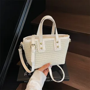 Damen Gestreifte Gewebte Tragetasche Große Kapazität Stroh Umhängetasche Mit Kunstledergriff Crossbody Kleine Quadratische Tasche Für Alltag