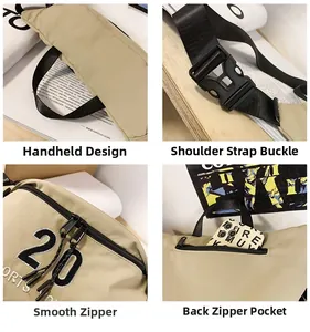 Detail van kaki crossbody borsttas met gesp, dubbele ritsen en een verborgen achterzak