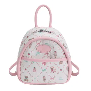 Pink and white quilted fashion backpack with cute cartoon bear and ice cream prints