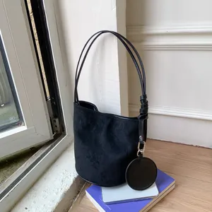 Minimalist Suede Texture PU Leather Bucket Bag For Women Fashion Solid Color Shoulder Bag With Round Pendant Purse Top Handle