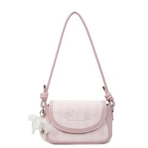 Schicke rosa karierte Baguette-Schultertasche mit Perlenbogen und Knotendetail