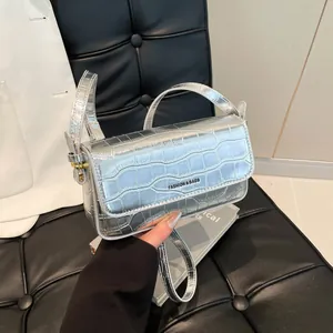 Fashion Women Crocodile Pattern PU Leather Underarm Bag Trendy Glossy Metallic Flap Shoulder Bag With Removable Strap