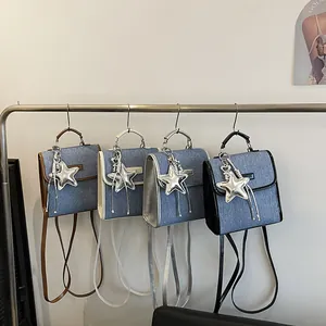 Exquisite denim texture small backpacks in four colors with star charms and hand straps