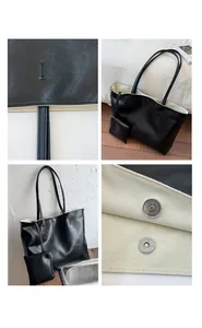 Détail du sac cabas en cuir noir montrant la doublure en toile et le fermoir aimanté
