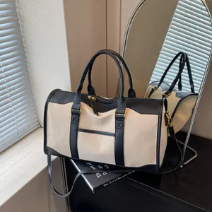 Women Large Capacity Canvas Travel Bag Retro Contrast Color Boston Handbag Weekend Fitness Bag With Adjustable Shoulder Strap