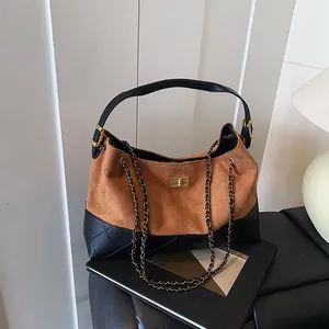 Sac à Épaule Vintage en PU et Suède Matelassé Losanges Grande Capacité Chaîne Dorée Fermoir Tournant Sac Tote Femme Quotidien