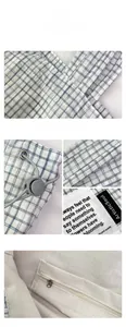 Close-up of blue plaid canvas tote featuring drawstring detail and inner zipper pocket