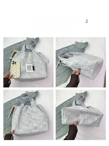 Detail shots of blue checkered canvas tote bag showing stitching and side profile