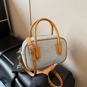 Women's Retro PU Leather Boston Bowling Bag Fashion Contrast Color Handbag Commuter Shoulder Crossbody Bag Square Bag