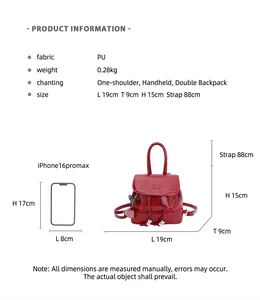 Comparación detallada del tamaño de la mochila de cuero PU rojo con especificaciones técnicas