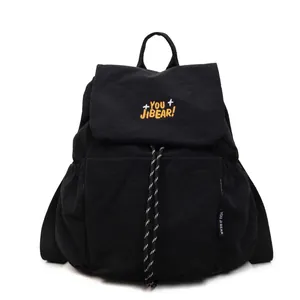 Grande zaino nero in nylon per laptop con ricamo frontale You Ji Bear