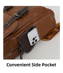 Close-up of business travel backpack showing a convenient side pocket for smartphones