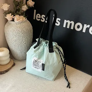 Bolsa de Almuerzo de Nylon Aislada para Mujer Bolsa Bento Térmica Con Cordón y Asa de Contraste para Oficina Escuela Picnic