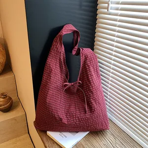 Large Capacity Gingham Tote Bag With Bow Tie Ribbon Canvas Cotton Plaid Shoulder Bag For Women Daily Casual Street Style