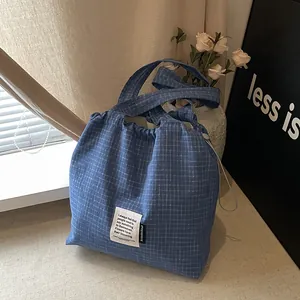 Women Gingham Canvas Tote Bag Large Capacity Korean Style Drawstring Shoulder Bag Casual Checkered Cloth Handbag Daily Bag