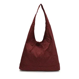Chic burgundy checkered tote bag with a bow accent, large capacity shoulder bag